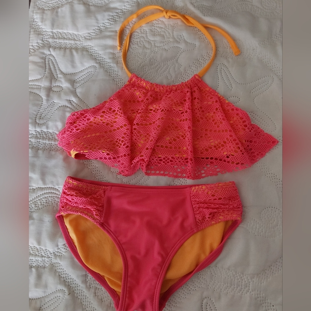 Justice Cat & Jack Swimsuit, Girl's Hot Pink Halter Bikini Set, Size Medium 7/8
